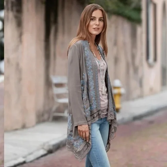 Sundance Long Life Kimono Size Small Blue Gray Embroidered Open Knit - Picture 2 of 4